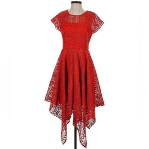 Anthropologie Maeve Vibrant Red Lace Dress w Geometric Print+ Handkerchief Skirt